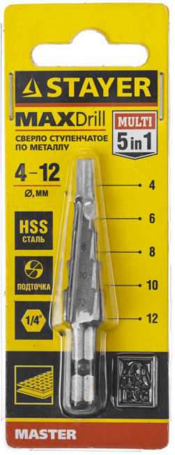 Сверло STAYER "MASTER" ступенчатое по сталям и цвет.мет., сталь HSS, d=4-12мм,5ступ.d 4-6-8-10-12,L-65мм, шестигран.хвост.1/4", ( 29660-4-12-5 ) Сверло STAYER "MASTER" ступенчатое по сталям и цвет.мет., сталь HSS, d=4-12мм,5ступ.d 4-6-8-10-12,L-65мм, шестигран.хвост.1/4", ( 29660-4-12-5 )