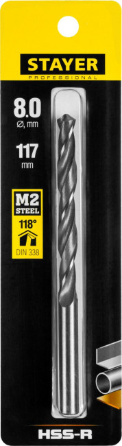 Сверло по металлу HSS-R, сталь М2(S6-5-2), STAYER Professional 29602-8, DIN 338, d=8,0 мм ( 29602-8 )
