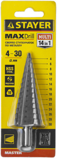 Сверло STAYER "MASTER" ступенчатое по сталям и цвет.мет., сталь HSS, d=4-30мм, 14ступ.d4-30, L-100мм, трехгран. хв.10мм, ( 29660-4-30-14 ) Сверло STAYER "MASTER" ступенчатое по сталям и цвет.мет., сталь HSS, d=4-30мм, 14ступ.d4-30, L-100мм, трехгран. хв.10мм, ( 29660-4-30-14 )