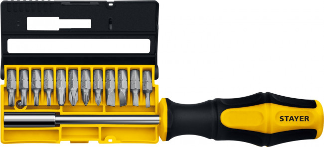 Набор: Отвертка-битодержатель STAYER "MASTER" HERCULES, Cr-V сталь, двухкомпонентная рукоятка, 13 предметов,  ( 25813 )