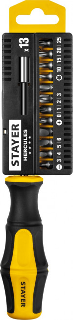 Набор: Отвертка-битодержатель STAYER "MASTER" HERCULES, Cr-V сталь, двухкомпонентная рукоятка, 13 предметов,  ( 25813 )