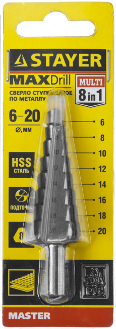 Сверло STAYER "MASTER" ступенчатое по сталям и цвет.мет., сталь HSS, d=6-20мм,8ступ.d 6-8-10-12-14-16-18-20,L-75мм,3-х гран.хв. 8мм, ( 29660-6-20-8 ) Сверло STAYER "MASTER" ступенчатое по сталям и цвет.мет., сталь HSS, d=6-20мм,8ступ.d 6-8-10-12-14-16-18-20,L-75мм,3-х гран.хв. 8мм, ( 29660-6-20-8 )