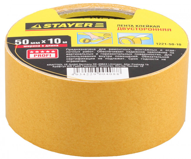 Двухсторонняя клейкая лента на полипропиленовой основе, STAYER 1221-50-10, 50мм х 10м,  ( 1221-50-10 )