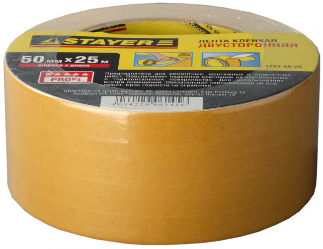Двухсторонняя клейкая лента на полипропиленовой основе, STAYER 1221-50-25, 50мм х 25м,  ( 1221-50-25 )