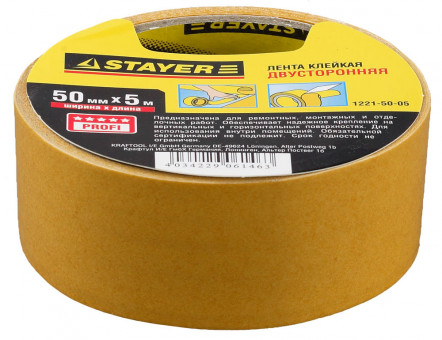 Двухсторонняя клейкая лента на полипропиленовой основе, STAYER 1221-50-05, 50мм х 5м,  ( 1221-50-05 )