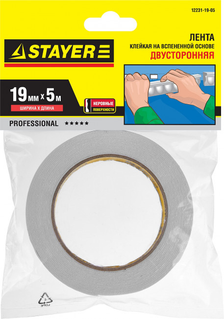 Двухсторонняя клейкая лента на вспененной основе, STAYER Professional 12231-19-05, белая, 19мм х 5м,  ( 12231-19-05 )