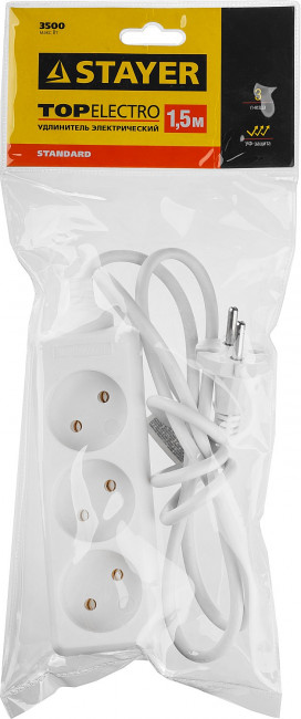 Удлинитель "TOPELECTRO" электрический, ПВС 2х1мм2, 3 гнезда, 3500 Вт, 1.5м, STAYER,  ( 55030-1.5 )