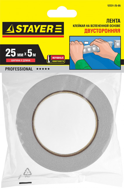 Двухсторонняя клейкая лента на вспененной основе, STAYER Professional 12231-25-05, белая, 25мм х 5м,  ( 12231-25-05 )