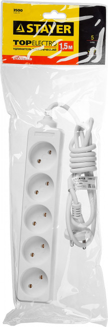Удлинитель "TOPELECTRO" электрический, ПВС 2х1мм2, 5 гнезд, 3500 Вт, 1.5м, STAYER, ( 55050-1.5 ) Удлинитель "TOPELECTRO" электрический, ПВС 2х1мм2, 5 гнезд, 3500 Вт, 1.5м, STAYER, ( 55050-1.5 )
