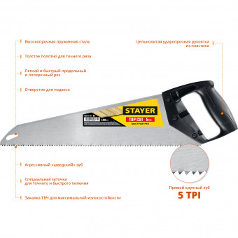Ножовка ударопрочная (пила) "TopCut" 400 мм, 5 TPI, быстрый рез поперек волокон, для крупных и средних заготовок, STAYER ( 15061-40_z02 ) Ножовка ударопрочная (пила) "TopCut" 400 мм, 5 TPI, быстрый рез поперек волокон, для крупных и средних заготовок, STAYER ( 15061-40_z02 )