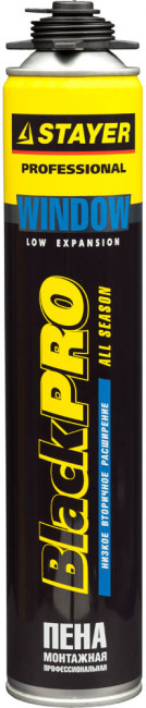 Пена "BlackPRO WINDOW" профессиональная, монтажная, пистолетная, всесезонная, 750мл, STAYER,  ( 41136 )