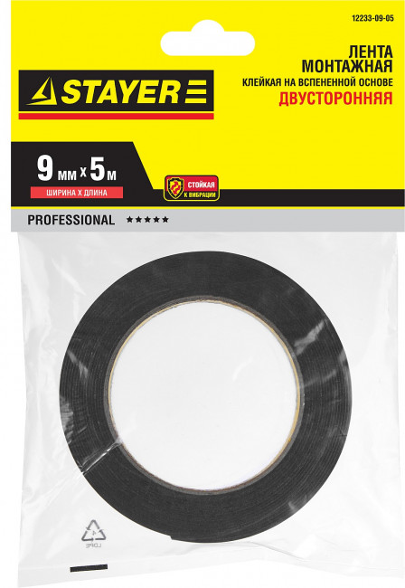 Двухсторонняя клейкая лента на вспененной основе, STAYER Professional 12233-19-05, черная, 19мм х 5м,  ( 12233-19-05 )