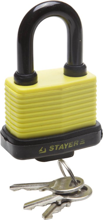 Замок STAYER "MASTER" навесной, всепогодный, пластиковая защита корпуса, с закаленной дужкой,на карточке, 60мм,  ( 37140-50 )