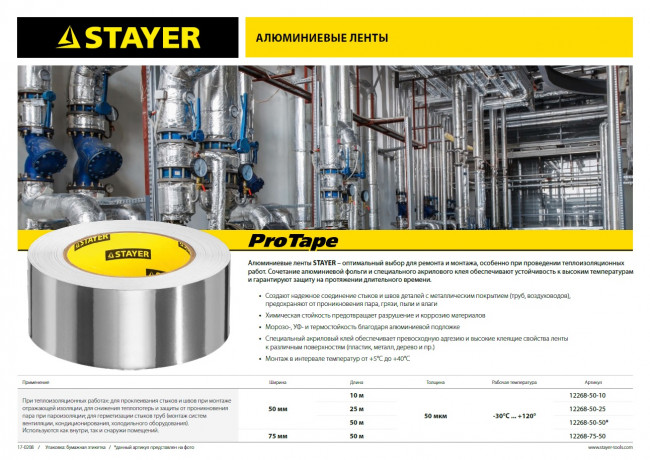 Алюминиевая лента, STAYER Professional 12268-75-50, до 120°С, 50мкм, 75мм х 50м,  ( 12268-75-50 )