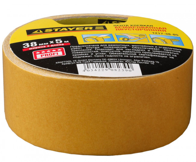 Двухсторонняя клейкая лента на тканевой основе, STAYER Profi 1217-38-05, 38мм х 5м,  ( 1217-38-05 )