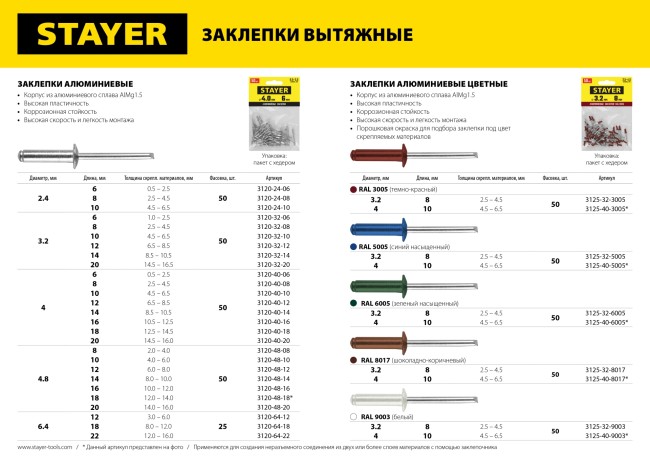Алюминиевые заклепки Color-FIX, 3.2 х 8 мм, RAL 5005 синий насыщенный, 50 шт., STAYER Professional Алюминиевые заклепки Color-FIX, 3.2 х 8 мм, RAL 5005 синий насыщенный, 50 шт., STAYER Professional
