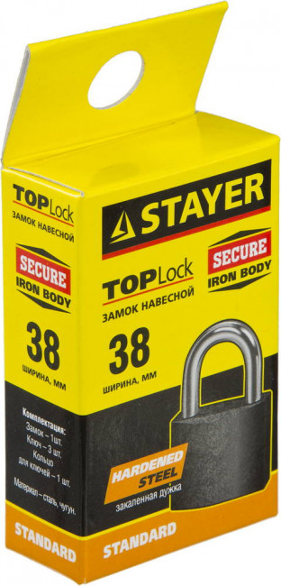 Замок STAYER "STANDARD" навесной, металлический корпус, закаленная дужка, 38мм,  ( 37160-38 ) Замок STAYER "STANDARD" навесной, металлический корпус, закаленная дужка, 38мм,  ( 37160-38 )