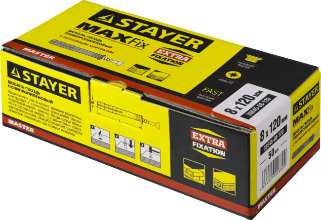 Дюбель-гвоздь полипропиленовый, потайный бортик, 8 x 120 мм, 50 шт, STAYER,  ( 30645-08-120 ) Дюбель-гвоздь полипропиленовый, потайный бортик, 8 x 120 мм, 50 шт, STAYER,  ( 30645-08-120 )
