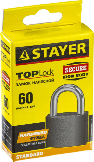 Замок STAYER "STANDARD" навесной, металлический корпус, закаленная дужка, 63 мм,  ( 37160-60 ) Замок STAYER "STANDARD" навесной, металлический корпус, закаленная дужка, 63 мм,  ( 37160-60 )