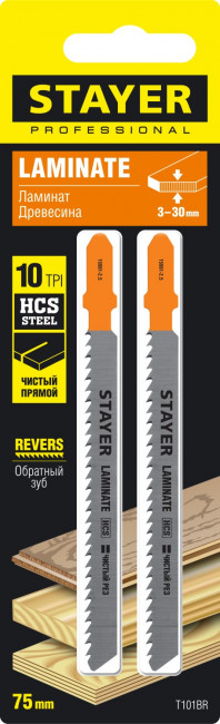 Полотна STAYER, T101BR, для эл/лобзика, HCS, по дереву, фанере, ламинату, обратн. рез, T-хвост., шаг 2,5мм, 75мм, 2шт,  ( 15991-2.5_z02 ) Полотна STAYER, T101BR, для эл/лобзика, HCS, по дереву, фанере, ламинату, обратн. рез, T-хвост., шаг 2,5мм, 75мм, 2шт,  ( 15991-2.5_z02 )