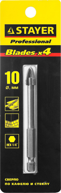 Сверло по кафелю, керамике, стеклу, с четырьмя режущими лезвиями, шестигранный хвостовик, 10 мм, STAYER "PROFESSIONAL" 2985-10,  ( 2985-10_z01 )