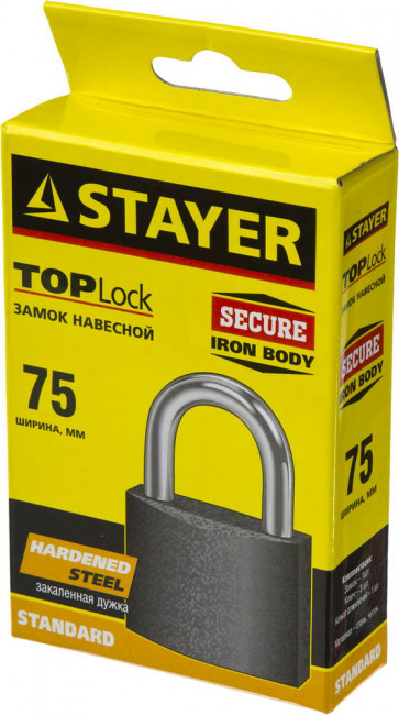 Замок STAYER "STANDARD" навесной, металлический корпус, закаленная дужка, 75 мм,  ( 37160-75 ) Замок STAYER "STANDARD" навесной, металлический корпус, закаленная дужка, 75 мм,  ( 37160-75 )