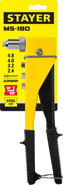 Заклепочник переставной 90-180°, STAYER MaxFix "MS 180" 3107, для заклёпок d=2,4-4,8 мм из алюминия, стальной корпус ( 3107_z01 )