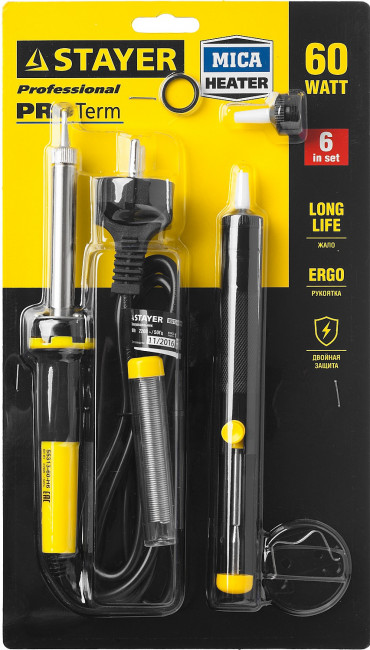 Набор для паяльных работ STAYER "PROFI" PROTerm, 55313-60-H6, паяльник 55300 + подставка + припой + жало сменное + шприц + насадка на жало, 60 Вт,  ( 55313-60-H6 ) Набор для паяльных работ STAYER "PROFI" PROTerm, 55313-60-H6, паяльник 55300 + подставка + припой + жало сменное + шприц + насадка на жало, 60 Вт,  ( 55313-60-H6 )