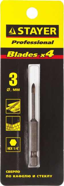 Сверло по кафелю, керамике, стеклу, с четырьмя режущими лезвиями, шестигранный хвостовик, 3 мм, STAYER "PROFESSIONAL" 2985-03,  ( 2985-03_z01 )