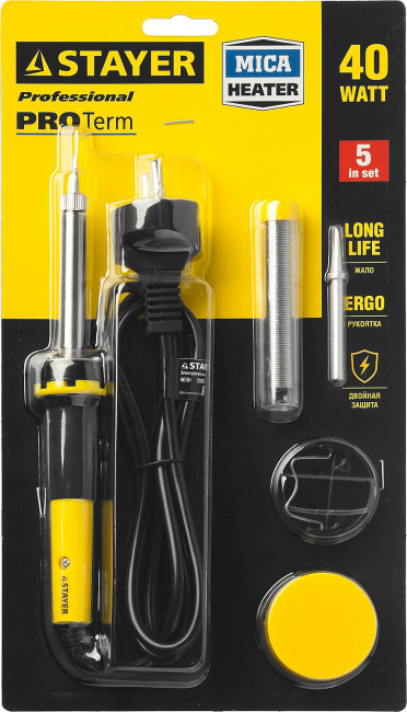 Набор для паяльных работ STAYER "PROFI" PROTerm, 55312-40-H5, паяльник 55300 + подставка + припой + жало сменное + канифоль, 40 Вт,  ( 55312-40-H5 ) Набор для паяльных работ STAYER "PROFI" PROTerm, 55312-40-H5, паяльник 55300 + подставка + припой + жало сменное + канифоль, 40 Вт,  ( 55312-40-H5 )