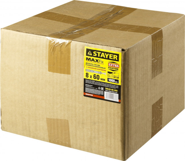 Дюбель-гвоздь полипропиленовый, потайный бортик, 8 x 60 мм, 1000 шт, STAYER,  ( 30640-08-060 )