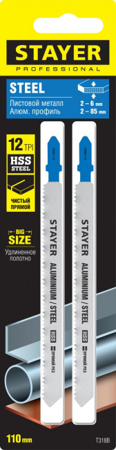 Полотна STAYER, T318B, для эл/лобзика, HSS, по металлу (2-6мм), T-хвост., шаг 1,8мм, 110мм, 2шт,  ( 159951-1.8_z02 )