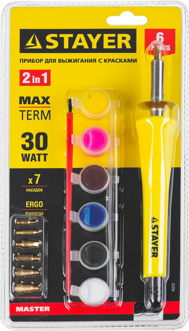 Прибор STAYER "MASTER" для выжигания с набором насадок 7шт и красками,  ( 45220 )