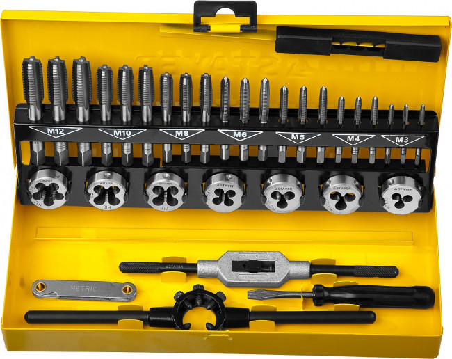 Набор метчиков и плашек STAYER "MASTER", плашки 7шт, метчики компл. 21шт, метчикодерж. 1шт, плашкодерж. 1шт, резьбомер 1шт, отвертка 1шт, 32 предмета,  ( 28014-H32 ) Набор метчиков и плашек STAYER "MASTER", плашки 7шт, метчики компл. 21шт, метчикодерж. 1шт, плашкодерж. 1шт, резьбомер 1шт, отвертка 1шт, 32 предмета,  ( 28014-H32 )