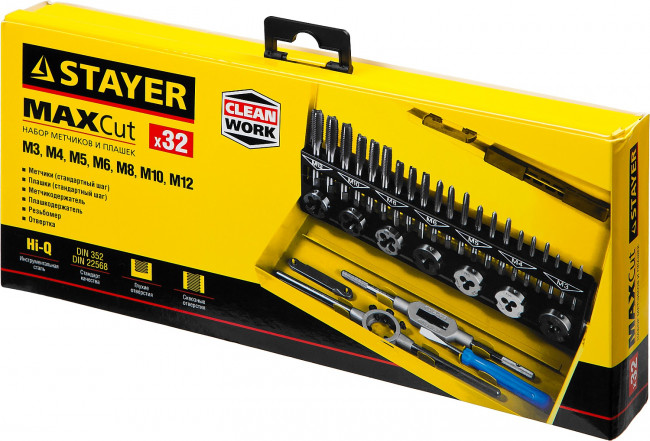 Набор метчиков и плашек STAYER "MASTER", плашки 7шт, метчики компл. 21шт, метчикодерж. 1шт, плашкодерж. 1шт, резьбомер 1шт, отвертка 1шт, 32 предмета,  ( 28014-H32 ) Набор метчиков и плашек STAYER "MASTER", плашки 7шт, метчики компл. 21шт, метчикодерж. 1шт, плашкодерж. 1шт, резьбомер 1шт, отвертка 1шт, 32 предмета,  ( 28014-H32 )