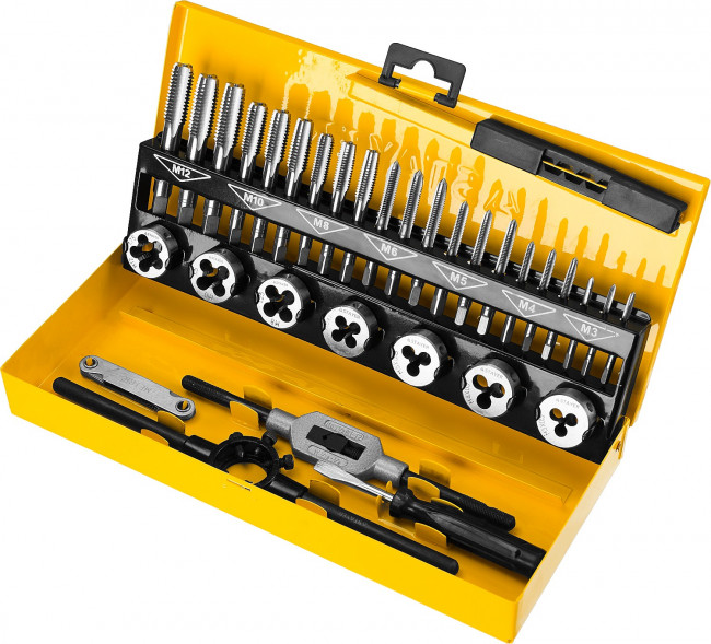 Набор метчиков и плашек STAYER "MASTER", плашки 7шт, метчики компл. 21шт, метчикодерж. 1шт, плашкодерж. 1шт, резьбомер 1шт, отвертка 1шт, 32 предмета,  ( 28014-H32 ) Набор метчиков и плашек STAYER "MASTER", плашки 7шт, метчики компл. 21шт, метчикодерж. 1шт, плашкодерж. 1шт, резьбомер 1шт, отвертка 1шт, 32 предмета,  ( 28014-H32 )