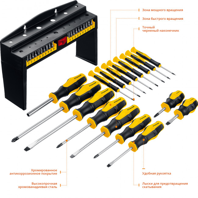 Набор STAYER "MASTER": Отвертки реверсивные с эргономичными ручками, с насадками, 37предм, в пластмассовом боксе,  ( 25312-H37 )