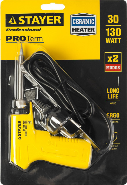 Паяльник с пистолетной пластмассовой рукояткой, STAYER "PROFI" PROTerm, 55308-130, 30 - 130 Вт, с керамическим нагревательным элементом,  ( 55308-130 ) Паяльник с пистолетной пластмассовой рукояткой, STAYER "PROFI" PROTerm, 55308-130, 30 - 130 Вт, с керамическим нагревательным элементом,  ( 55308-130 )