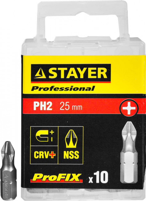 Биты STAYER "PROFESSIONAL" ProFix Phillips, тип хвостовика C 1/4", № 2, L=25мм, 10шт,  ( 26201-2-25-10_z01 ) Биты STAYER "PROFESSIONAL" ProFix Phillips, тип хвостовика C 1/4", № 2, L=25мм, 10шт,  ( 26201-2-25-10_z01 )