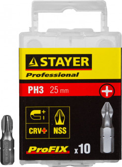 Биты STAYER "PROFESSIONAL" ProFix Phillips, тип хвостовика C 1/4", № 3, L=25мм, 10шт,  ( 26201-3-25-10_z01 ) Биты STAYER "PROFESSIONAL" ProFix Phillips, тип хвостовика C 1/4", № 3, L=25мм, 10шт,  ( 26201-3-25-10_z01 )