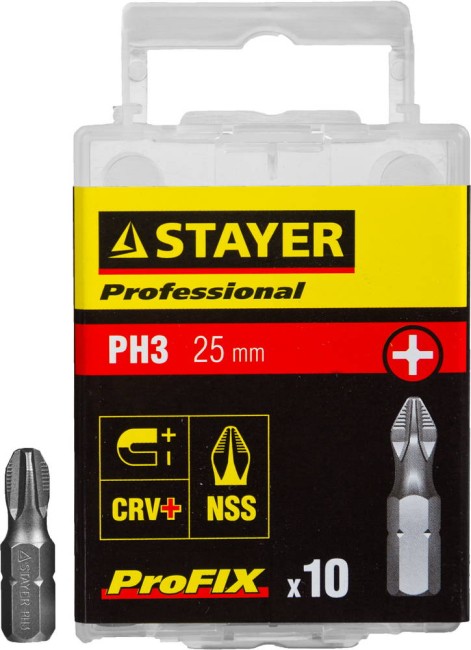 Биты STAYER "PROFESSIONAL" ProFix Phillips, тип хвостовика C 1/4", № 3, L=25мм, 10шт,  ( 26201-3-25-10_z01 ) Биты STAYER "PROFESSIONAL" ProFix Phillips, тип хвостовика C 1/4", № 3, L=25мм, 10шт,  ( 26201-3-25-10_z01 )