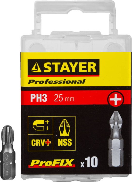 Биты STAYER "PROFESSIONAL" ProFix Phillips, тип хвостовика C 1/4", № 3, L=25мм, 10шт,  ( 26201-3-25-10_z01 )