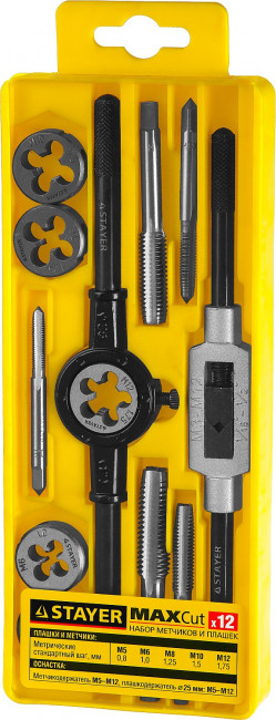 Набор метчиков и плашек STAYER "MASTER", метчикодержатель 1шт, плашкодержатель 1шт, метчики 5шт, плашки 5шт, 12 предметов,  ( 28012-H12_z01 ) Набор метчиков и плашек STAYER "MASTER", метчикодержатель 1шт, плашкодержатель 1шт, метчики 5шт, плашки 5шт, 12 предметов,  ( 28012-H12_z01 )