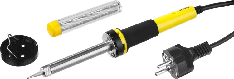 Паяльник с двухкомпонентной рукояткой и долговечным жалом, STAYER "PROFI" PROTerm, 55300-60, в комплекте (припой и подставка), 60 Вт, конус,  ( 55300-60 )