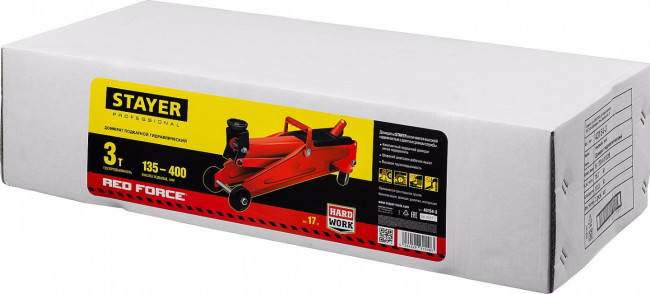 Домкрат гидравлический подкатной "RED FORCE", 3т, 135-400мм, STAYER 43154-3,  ( 43154-3 )