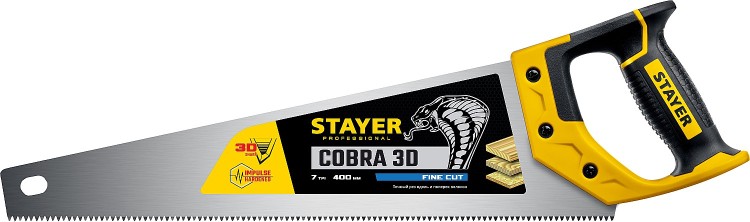 Ножовка универсальная (пила) "Cobra 3D" 400мм, 7TPI, 3D зуб, точн.рез вдоль и поперек волокон, для средних заготовок из всех видов материалов, STAYER ( 1512-40_z01 )