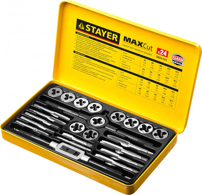 Набор метчиков и плашек STAYER "MASTER", метчикодержатель 1шт, плашкодержатель 1шт, метчики 11шт, плашки 11шт, 24 предмета,  ( 28020-H24 ) Набор метчиков и плашек STAYER "MASTER", метчикодержатель 1шт, плашкодержатель 1шт, метчики 11шт, плашки 11шт, 24 предмета,  ( 28020-H24 )