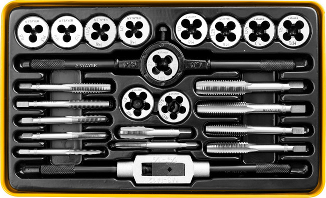 Набор метчиков и плашек STAYER "MASTER", метчикодержатель 1шт, плашкодержатель 1шт, метчики 11шт, плашки 11шт, 24 предмета,  ( 28020-H24 ) Набор метчиков и плашек STAYER "MASTER", метчикодержатель 1шт, плашкодержатель 1шт, метчики 11шт, плашки 11шт, 24 предмета,  ( 28020-H24 )