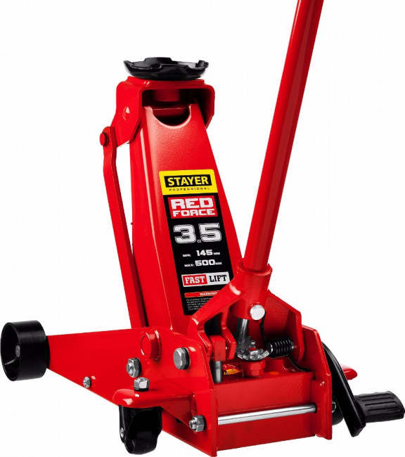 Домкрат гидравлический подкатной "RED FORCE", с педалью, 3,5т, 145-500мм, STAYER 43155-3.5,  ( 43155-3.5 )
