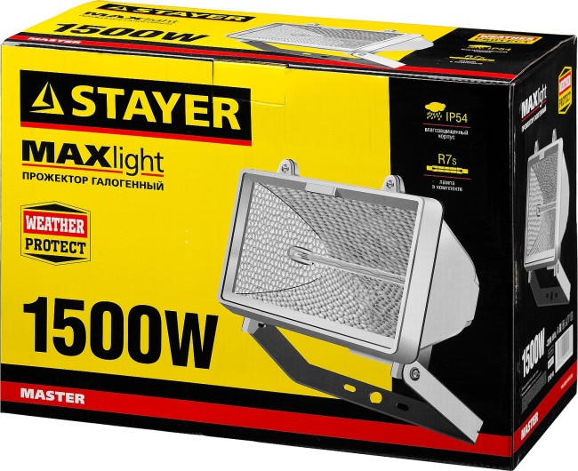 Прожектор STAYER "MASTER" MAXLight галогенный, с дугой крепления под установку, белый, 1500Вт,  ( 57107-W )